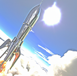 a dreamlike digital artwork of steel rocket  climbing in a sunny sky above the clouds
