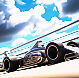 a dreamlike digital artwork of steel racing car in a sunny sky